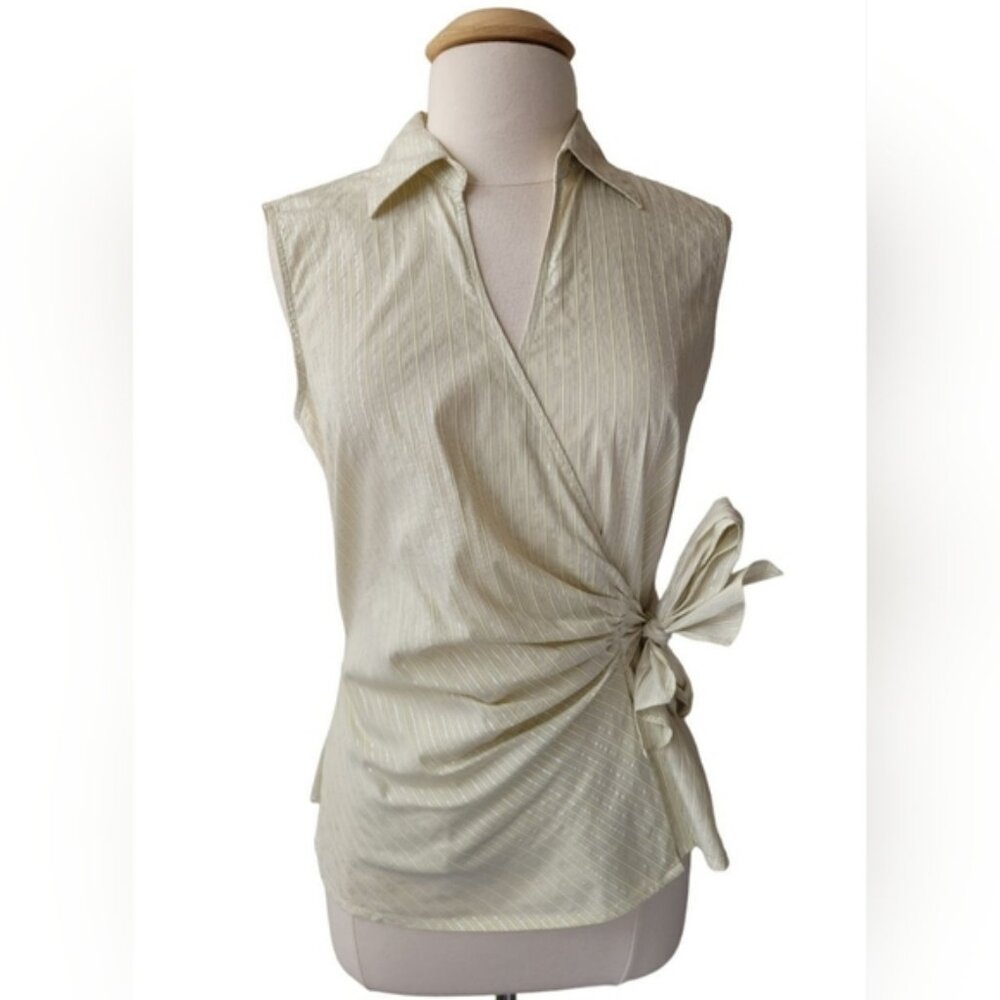 y2k 90s Express V-neck Top Ivory Metallic Striped Sleeveless Wrap Tie LARGE